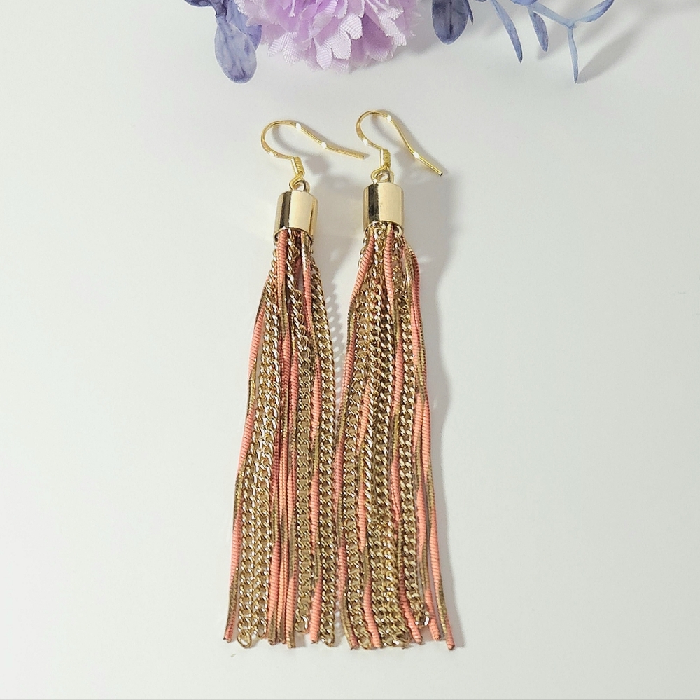 Vintage Gold and Pink Tassel Earrings